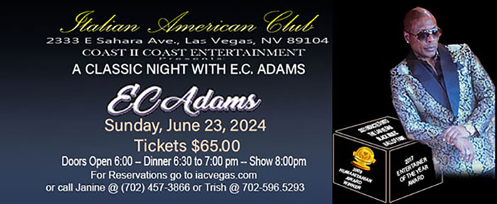 E.C. Adams
All Your Favorite Love songs
From The 60’s – 70’s – 80’s – 90’s
So come on out and help us
Spread some love tonight!
